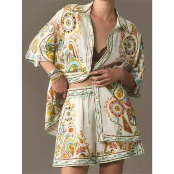 Printed Button Up Shirt and Shorts Set